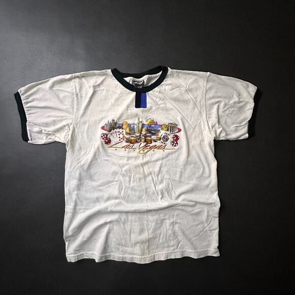 VTG Las Vegas T Shirt Mens Large White Ringer Y2k Made in USA Casino Pharoah - Picture 1 of 8